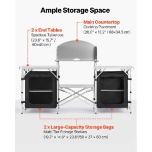 folding camping table, outdoor portable aluminum lightweight table, quick set up kitchen cook station, with storage organizer, detachable windscreen, carrying bag, ideal for picnic bbq traveling