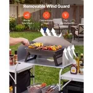 folding camping table, outdoor portable aluminum lightweight table, quick set up kitchen cook station, with storage organizer, detachable windscreen, carrying bag, ideal for picnic bbq traveling