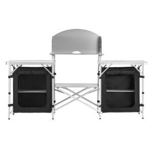 Folding Camping Table, Outdoor Portable Aluminum Lightweight Table, Quick Set-up Kitchen Cook Station, with Storage Organizer, Detachable Windscreen, Carrying Bag, Ideal for Picnic BBQ Traveling