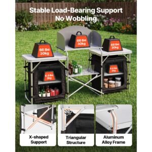 folding camping table, outdoor portable aluminum lightweight table, quick set up kitchen cook station, with storage organizer, detachable windscreen, carrying bag, ideal for picnic bbq traveling