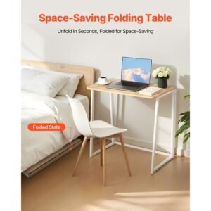 folding desk, 31.5" foldable table for small spaces with storage hooks, space saving computer table, writing workstation for home office, easy assembly, oak