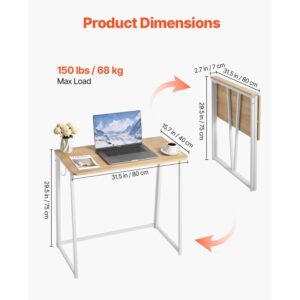 folding desk, 31.5" foldable table for small spaces with storage hooks, space saving computer table, writing workstation for home office, easy assembly, oak
