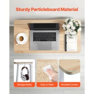 folding desk, 31.5" foldable table for small spaces with storage hooks, space saving computer table, writing workstation for home office, easy assembly, oak