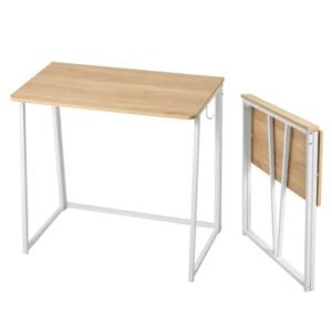 Folding Desk, 31.5" Foldable Table for Small Spaces with Storage Hooks, Space Saving Computer Table, Writing Workstation for Home Office, Easy Assembly, Oak