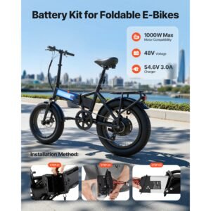 folding ebike battery, 48v 10.4ah electric bike lithium battery pack with bms, 3a charger, lock for 1000w e bike motor, detachable electric bicycle replacement kit with handle & discharge socket