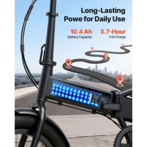 folding ebike battery, 48v 10.4ah electric bike lithium battery pack with bms, 3a charger, lock for 1000w e bike motor, detachable electric bicycle replacement kit with handle & discharge socket