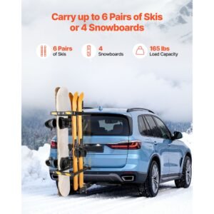 folding hitch mounted ski & snowboard rack, fits 2 inch receiver, carries up to 6 pairs of skis or 4 snowboards, adjustable hitch mounted rack for car with key lock, security strap, tilt access