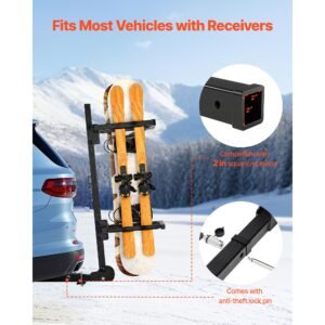 folding hitch mounted ski & snowboard rack, fits 2 inch receiver, carries up to 6 pairs of skis or 4 snowboards, adjustable hitch mounted rack for car with key lock, security strap, tilt access