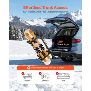 folding hitch mounted ski & snowboard rack, fits 2 inch receiver, carries up to 6 pairs of skis or 4 snowboards, adjustable hitch mounted rack for car with key lock, security strap, tilt access