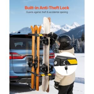 folding hitch mounted ski & snowboard rack, fits 2 inch receiver, carries up to 6 pairs of skis or 4 snowboards, adjustable hitch mounted rack for car with key lock, security strap, tilt access