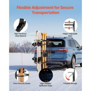 folding hitch mounted ski & snowboard rack, fits 2 inch receiver, carries up to 6 pairs of skis or 4 snowboards, adjustable hitch mounted rack for car with key lock, security strap, tilt access