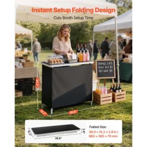 folding portable bar table, 38.6 x 15.2 x 34.3 in, with carry bag, storage shelf, and detachable skirt, quick and easy setup, foldable mobile bartending station for events, party, tradeshow