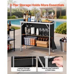 folding portable bar table, 38.6 x 15.2 x 34.3 in, with carry bag, storage shelf, and detachable skirt, quick and easy setup, foldable mobile bartending station for events, party, tradeshow