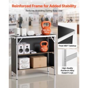 folding portable bar table, 38.6 x 15.2 x 34.3 in, with carry bag, storage shelf, and detachable skirt, quick and easy setup, foldable mobile bartending station for events, party, tradeshow