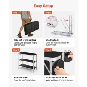 folding portable bar table, 38.6 x 15.2 x 34.3 in, with carry bag, storage shelf, and detachable skirt, quick and easy setup, foldable mobile bartending station for events, party, tradeshow