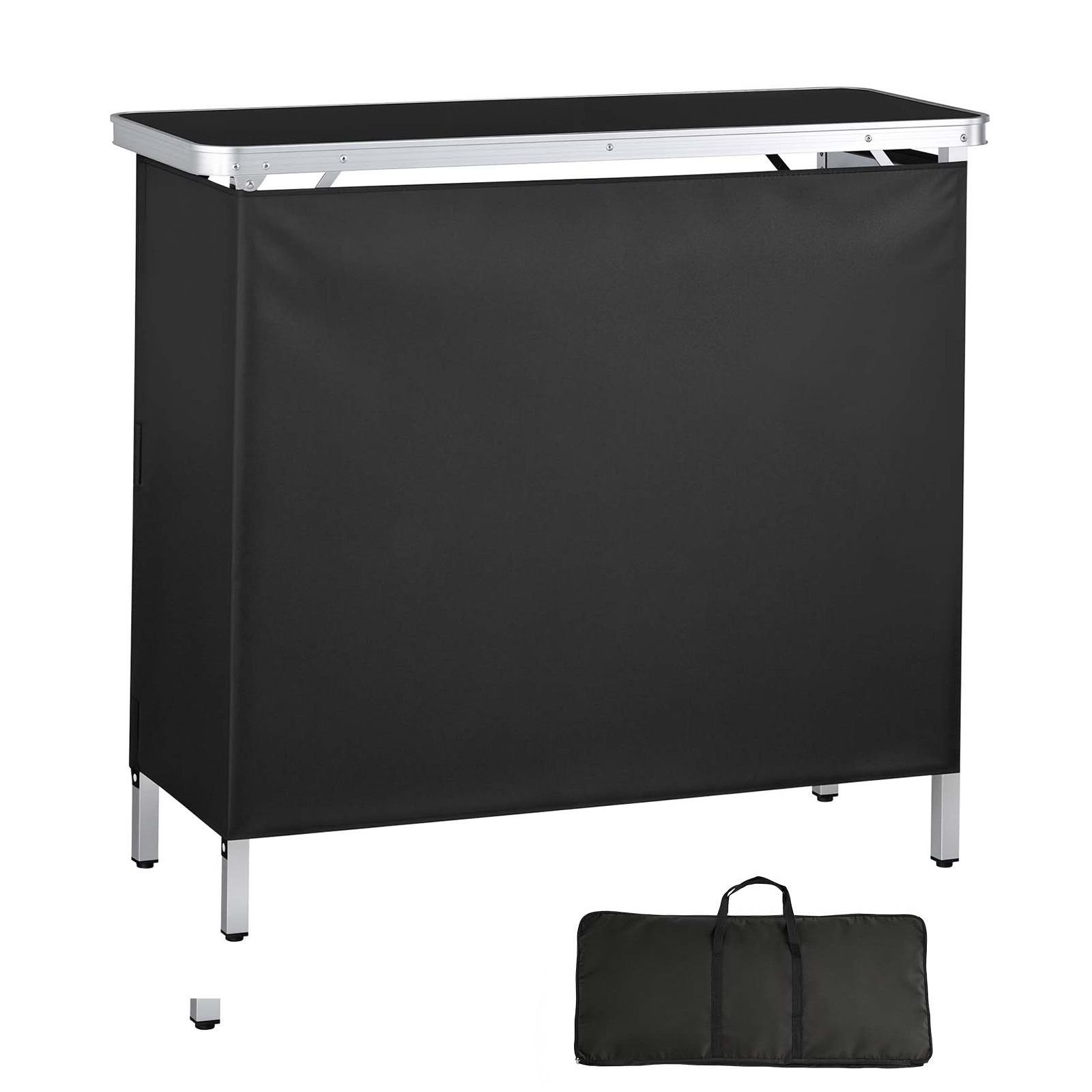 folding portable bar table, 38.6 x 15.2 x 34.3 in, with carry bag, storage shelf, and detachable skirt, quick and easy setup, foldable mobile bartending station for events, party, tradeshow