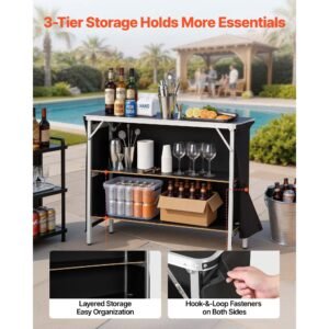 folding portable bar table, 43.3 x 15.2 x 34.8 in, with carry bag, 2 storage shelves, and detachable skirt, quick and easy setup, foldable mobile bartending station for events, party, tradeshow