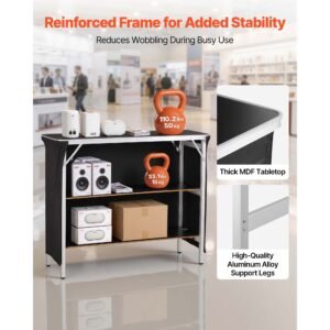 folding portable bar table, 43.3 x 15.2 x 34.8 in, with carry bag, 2 storage shelves, and detachable skirt, quick and easy setup, foldable mobile bartending station for events, party, tradeshow