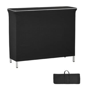 Folding Portable Bar Table, 43.3 x 15.2 x 34.8 in, with Carry Bag, 2 Storage Shelves, and Detachable Skirt, Quick and Easy Setup, Foldable Mobile Bartending Station for Events, Party, Tradeshow