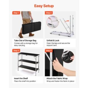 folding portable bar table, 43.3 x 15.2 x 34.8 in, with carry bag, 2 storage shelves, and detachable skirt, quick and easy setup, foldable mobile bartending station for events, party, tradeshow