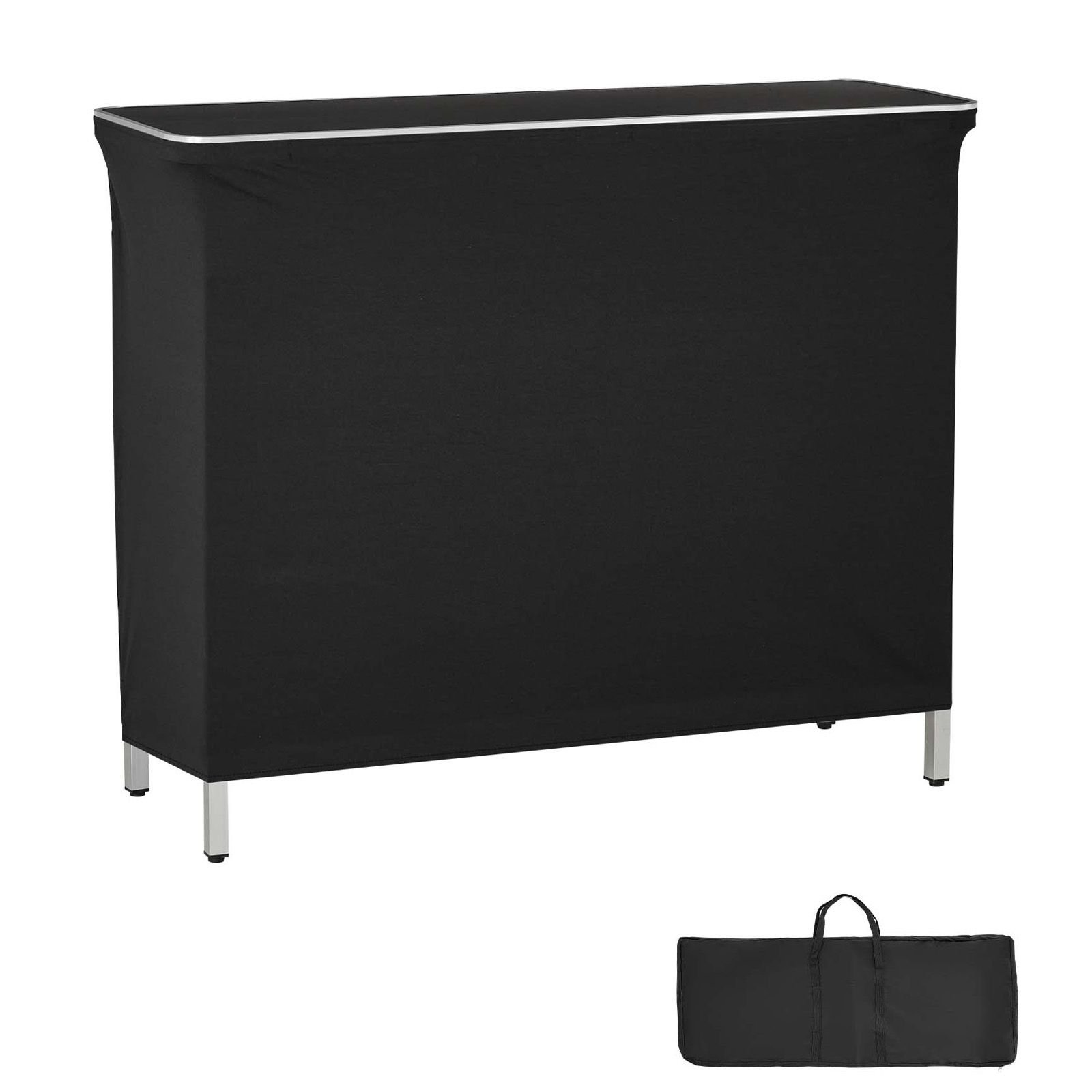 folding portable bar table, 43.3 x 15.2 x 34.8 in, with carry bag, 2 storage shelves, and detachable skirt, quick and easy setup, foldable mobile bartending station for events, party, tradeshow