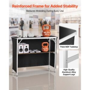 folding portable bar table, 43.3 x 15.2 x 34.8 in, with carry bag, storage shelf, and detachable skirt, quick and easy setup, foldable mobile bartending station for events, party, tradeshow