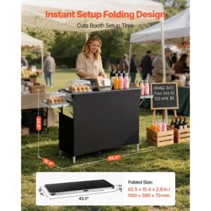 folding portable bar table, 43.3 x 15.4 x 34.6 in, with carry bag, storage shelf, and detachable skirt, quick and easy setup, foldable mobile bartending station for events, party, tradeshow