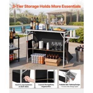 folding portable bar table, 43.3 x 15.4 x 34.6 in, with carry bag, storage shelf, and detachable skirt, quick and easy setup, foldable mobile bartending station for events, party, tradeshow