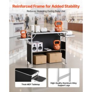 folding portable bar table, 43.3 x 15.4 x 34.6 in, with carry bag, storage shelf, and detachable skirt, quick and easy setup, foldable mobile bartending station for events, party, tradeshow