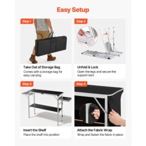 folding portable bar table, 43.3 x 15.4 x 34.6 in, with carry bag, storage shelf, and detachable skirt, quick and easy setup, foldable mobile bartending station for events, party, tradeshow