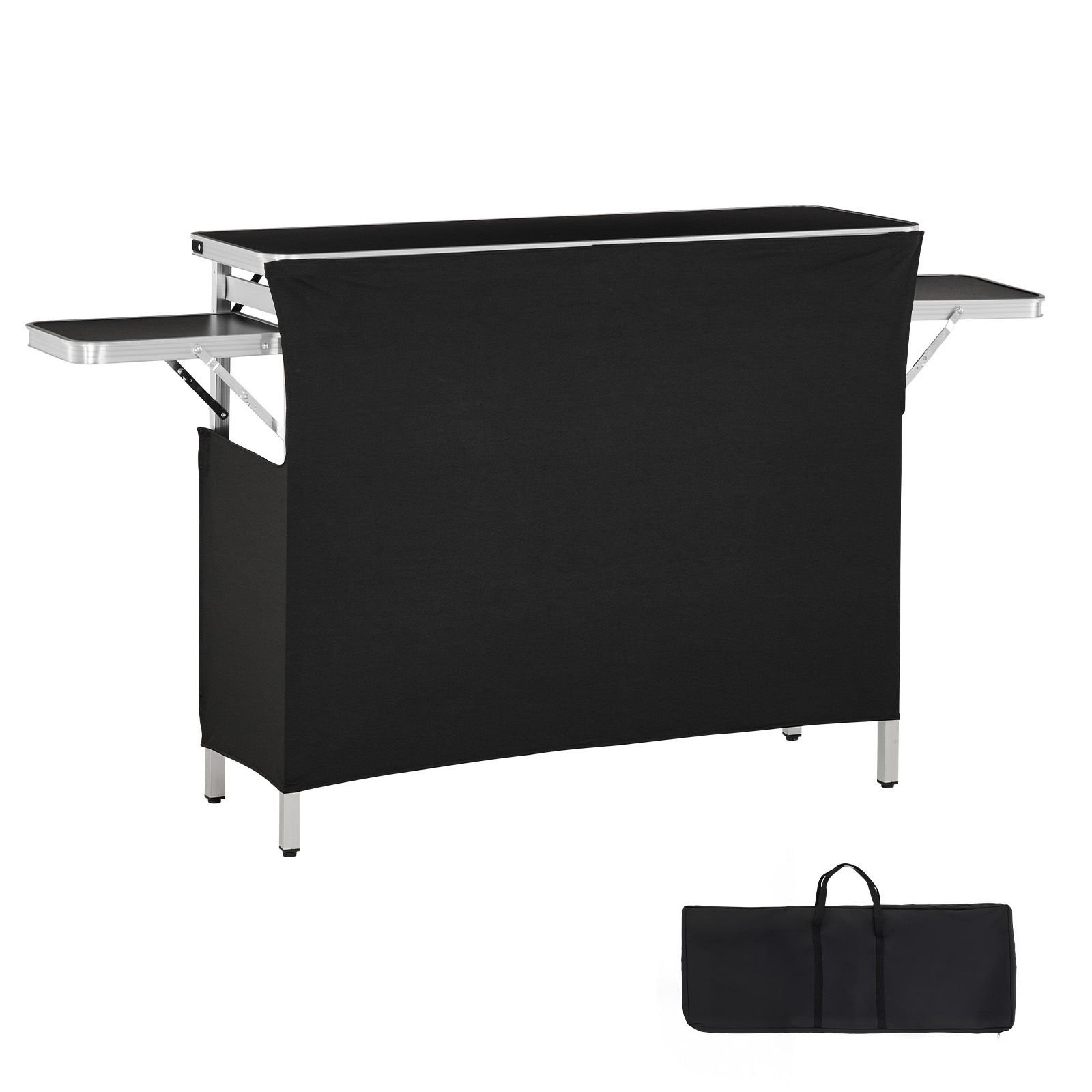 folding portable bar table, 43.3 x 15.4 x 34.6 in, with carry bag, storage shelf, and detachable skirt, quick and easy setup, foldable mobile bartending station for events, party, tradeshow