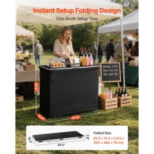 folding portable bar table, 43.5 x 15.4 x 39.8 in, with carry bag, 2 storage shelves, and detachable skirt, quick and easy setup, foldable mobile bartending station for events, party, tradeshow