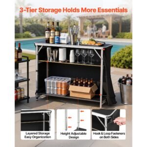 folding portable bar table, 43.5 x 15.4 x 39.8 in, with carry bag, 2 storage shelves, and detachable skirt, quick and easy setup, foldable mobile bartending station for events, party, tradeshow