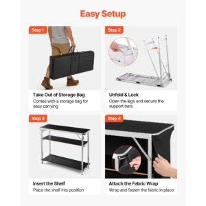 folding portable bar table, 43.5 x 15.4 x 39.8 in, with carry bag, 2 storage shelves, and detachable skirt, quick and easy setup, foldable mobile bartending station for events, party, tradeshow