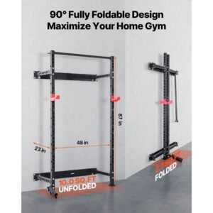 folding power cage, wall mounted power rack squat rack, multifunctional strength training workout equipment with landmine holder, adjustable j hooks & pull up bar for home gym, 1000lbs capacity