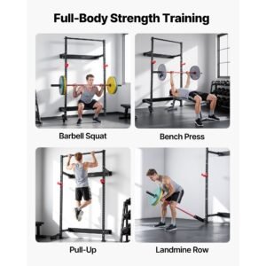 folding power cage, wall mounted power rack squat rack, multifunctional strength training workout equipment with landmine holder, adjustable j hooks & pull up bar for home gym, 1000lbs capacity