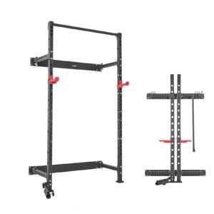 Folding Power Cage, Wall-Mounted Power Rack Squat Rack, Multifunctional Strength Training Workout Equipment with Landmine Holder, Adjustable J-Hooks & Pull-Up Bar for Home Gym, 1000LBS Capacity