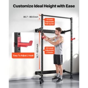 folding power cage, wall mounted power rack squat rack, multifunctional strength training workout equipment with landmine holder, adjustable j hooks & pull up bar for home gym, 1000lbs capacity