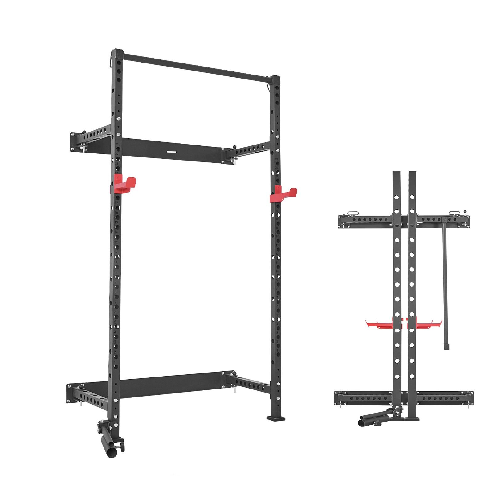 folding power cage, wall mounted power rack squat rack, multifunctional strength training workout equipment with landmine holder, adjustable j hooks & pull up bar for home gym, 1000lbs capacity