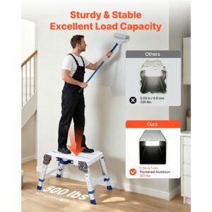 folding work platform, adjustable height 12 16 in, 500 lbs capacity aluminum step stool, heavy duty non slip platform ladder, portable work bench for painting, cleaning, home & professional use