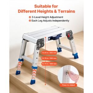 folding work platform, adjustable height 12 16 in, 500 lbs capacity aluminum step stool, heavy duty non slip platform ladder, portable work bench for painting, cleaning, home & professional use