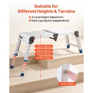 folding work platform, adjustable height 14.2 20 in, 500 lbs capacity aluminum step stool, heavy duty non slip platform ladder, portable work bench for painting, cleaning, home & professional