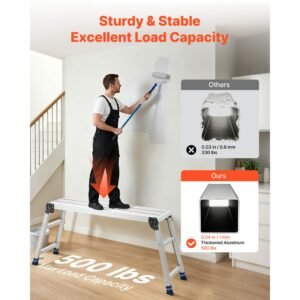 folding work platform, adjustable height 23 34.5 in, 40 x 12 in aluminum step stool, 500 lbs load capacity, heavy duty non slip platform ladder, portable work bench for painting, maintenance