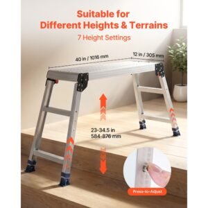 folding work platform, adjustable height 23 34.5 in, 40 x 12 in aluminum step stool, 500 lbs load capacity, heavy duty non slip platform ladder, portable work bench for painting, maintenance