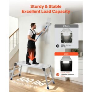 folding work platform, adjustable height 23 34.5 in, 40 x 18 in aluminum step stool, 500 lbs load capacity, heavy duty non slip platform ladder, portable work bench for painting, maintenance
