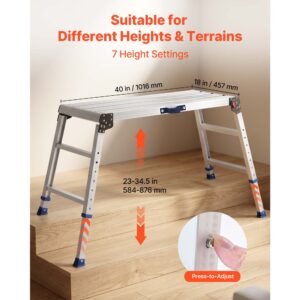 folding work platform, adjustable height 23 34.5 in, 40 x 18 in aluminum step stool, 500 lbs load capacity, heavy duty non slip platform ladder, portable work bench for painting, maintenance