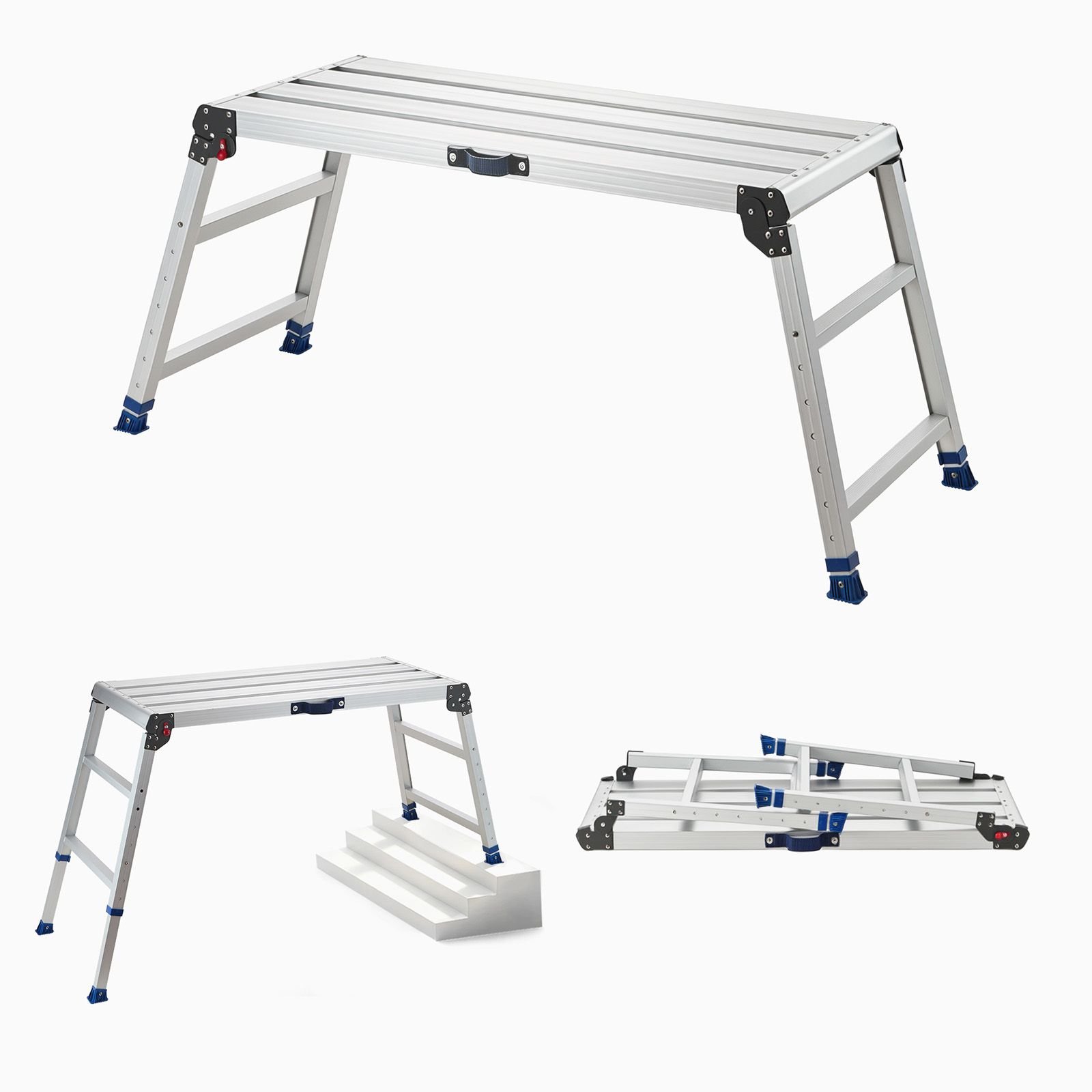 folding work platform, adjustable height 23 34.5 in, 40 x 18 in aluminum step stool, 500 lbs load capacity, heavy duty non slip platform ladder, portable work bench for painting, maintenance