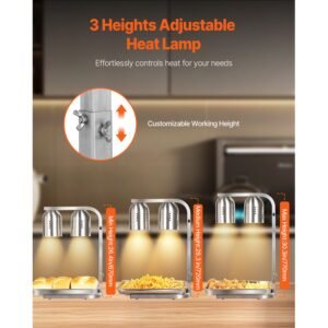 food heat lamp, 500w bulbs, commercial food warmer light, electric stainless steel french fry heating lamp, free standing, catering food warming equipment for kitchen buffet restaurant, silver