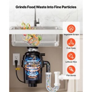 food waste garbage disposal, 1hp 3500rpm dc motor, continuous feed kitchen sink garbage disposer, ez connect food waste grinding system with sound reduction & power cord for kitchens