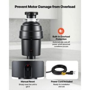 food waste garbage disposal, 1hp 3500rpm dc motor, continuous feed kitchen sink garbage disposer, ez connect food waste grinding system with sound reduction & power cord for kitchens